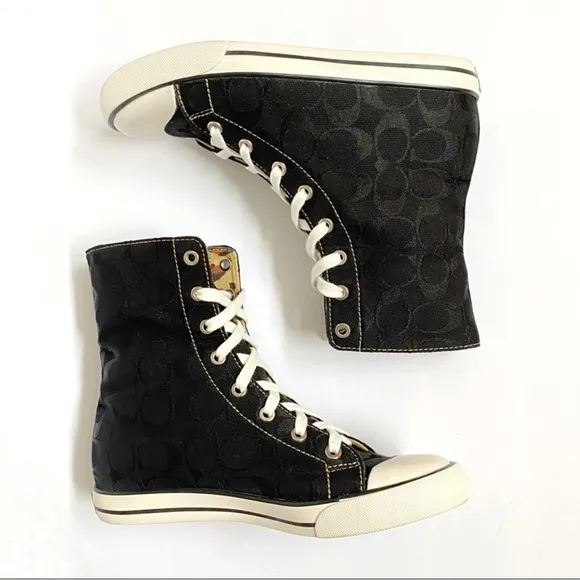 COACH BONNEY BLACK C LOGO CANVAS HIGH TOP SNEAKERS FOLD DOWN LEOPARD INSIDE