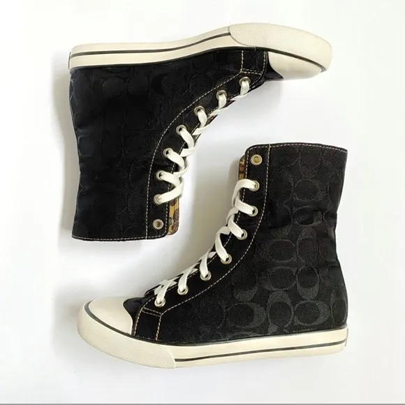 COACH BONNEY BLACK C LOGO CANVAS HIGH TOP SNEAKERS FOLD DOWN LEOPARD INSIDE