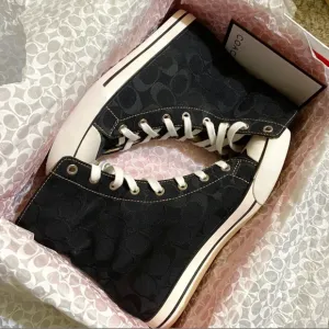 COACH BONNEY BLACK C LOGO CANVAS HIGH TOP SNEAKERS FOLD DOWN LEOPARD INSIDE