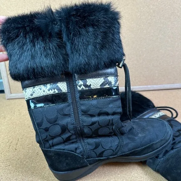 Coach Lorna Monogram Fur Winter Boots Snakeskin Black Zipper Apres Ski Size 8.5