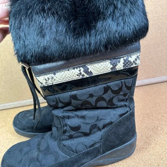 Coach Lorna Monogram Fur Winter Boots Snakeskin Black Zipper Apres Ski Size 8.5