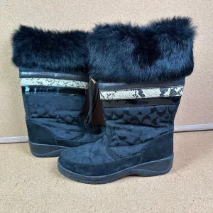 Coach Lorna Monogram Fur Winter Boots Snakeskin Black Zipper Apres Ski Size 8.5