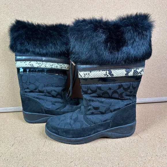 Coach Lorna Monogram Fur Winter Boots Snakeskin Black Zipper Apres Ski Size 8.5