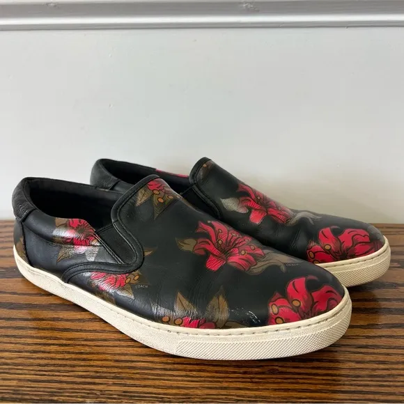 Coach Mens Signature Leather Slip On Size 12D Black Floral Sneaker Shoes Skate