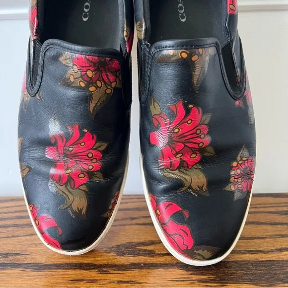 Coach Mens Signature Leather Slip On Size 12D Black Floral Sneaker Shoes Skate