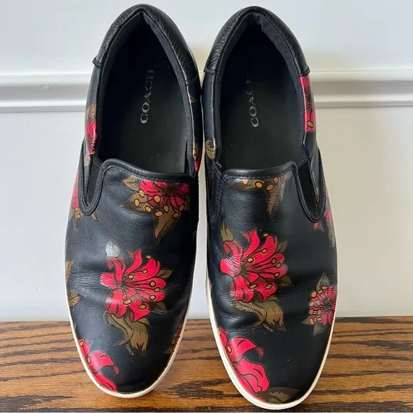Coach Mens Signature Leather Slip On Size 12D Black Floral Sneaker Shoes Skate