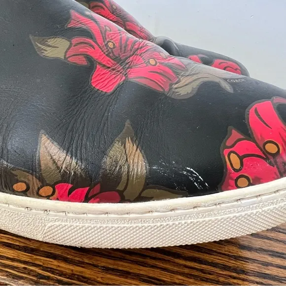 Coach Mens Signature Leather Slip On Size 12D Black Floral Sneaker Shoes Skate