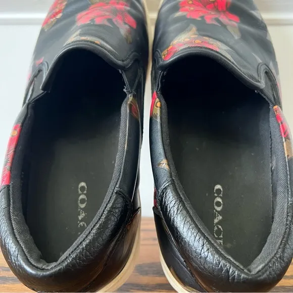 Coach Mens Signature Leather Slip On Size 12D Black Floral Sneaker Shoes Skate
