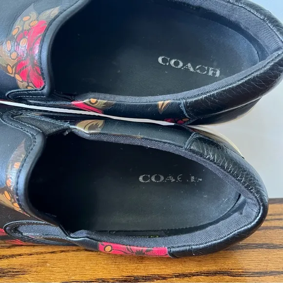 Coach Mens Signature Leather Slip On Size 12D Black Floral Sneaker Shoes Skate