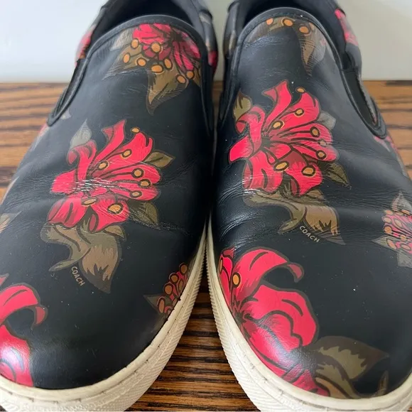 Coach Mens Signature Leather Slip On Size 12D Black Floral Sneaker Shoes Skate