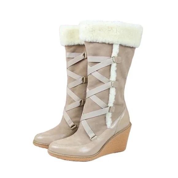 Cole Haan Nike Air Michelle Knit Boots Wedge Heel Cafe Au Lait Suede Cream Pink
