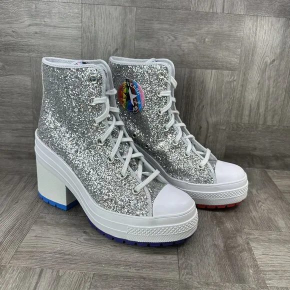 Converse 70 De Luxe Heel High Pride Proud Women's size 10 Silver Glitter Shoes