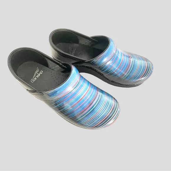 DANSKO PATENT LEATHER STRIPE CLOGS SIZE 36