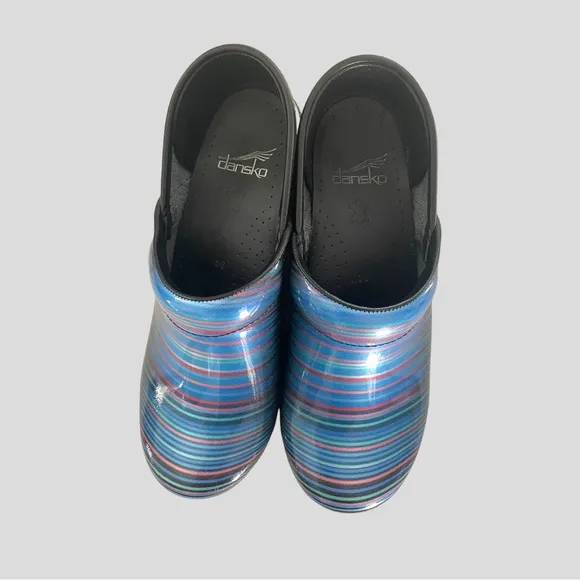 DANSKO PATENT LEATHER STRIPE CLOGS SIZE 36
