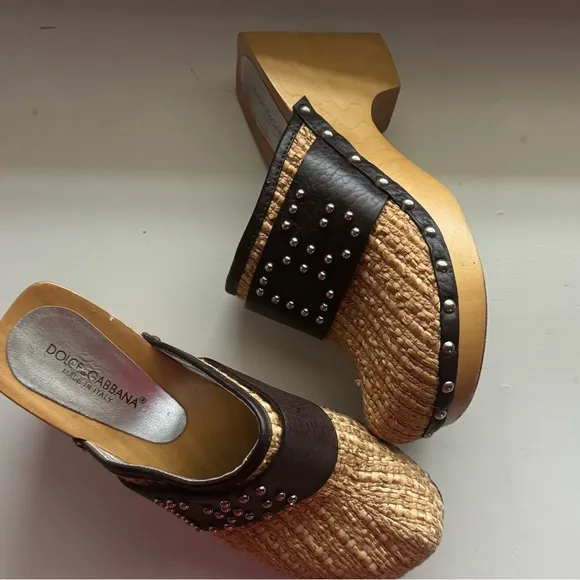Dolce &amp; Gabbana Raffia Wooden Studded Clog Heels Mules Women Size 8