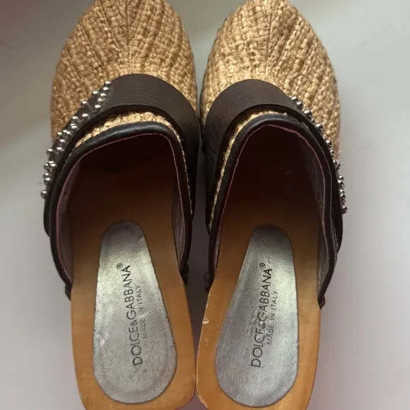 Dolce &amp; Gabbana Raffia Wooden Studded Clog Heels Mules Women Size 8