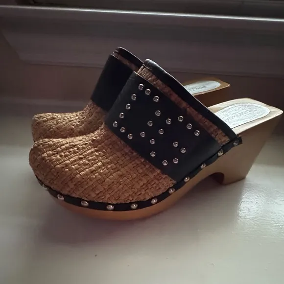 Dolce &amp; Gabbana Raffia Wooden Studded Clog Heels Mules Women Size 8