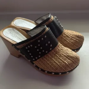 Dolce &amp; Gabbana Raffia Wooden Studded Clog Heels Mules Women Size 8