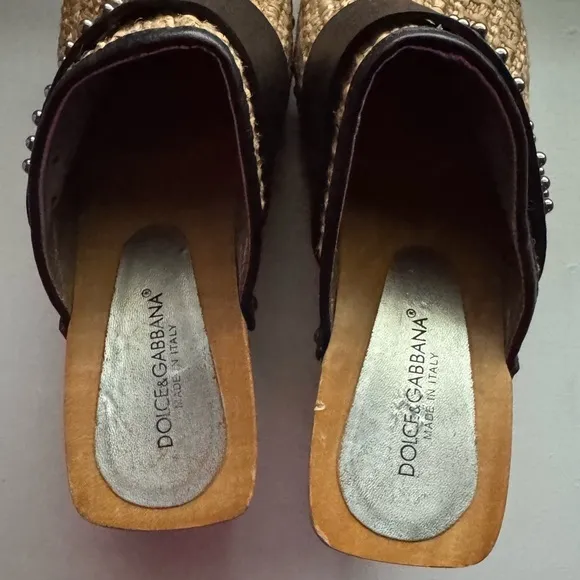 Dolce &amp; Gabbana Raffia Wooden Studded Clog Heels Mules Women Size 8