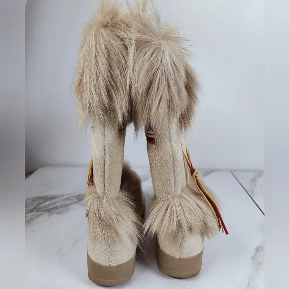 EUC Tecnica Goat Fur Cream Tan Embellished Apres Ski Winter Boots, Sz 7