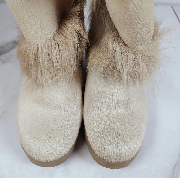 EUC Tecnica Goat Fur Cream Tan Embellished Apres Ski Winter Boots, Sz 7