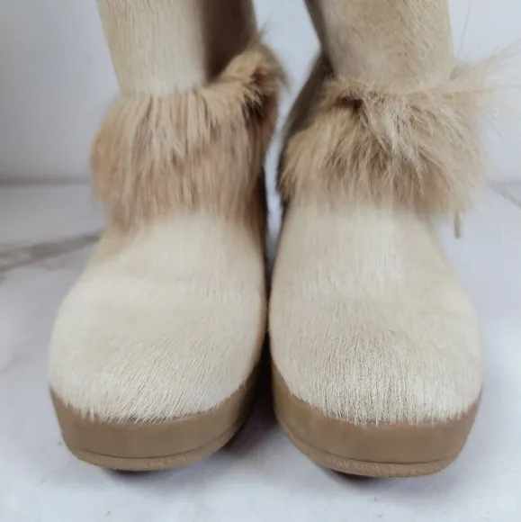 EUC Tecnica Goat Fur Cream Tan Embellished Apres Ski Winter Boots, Sz 7