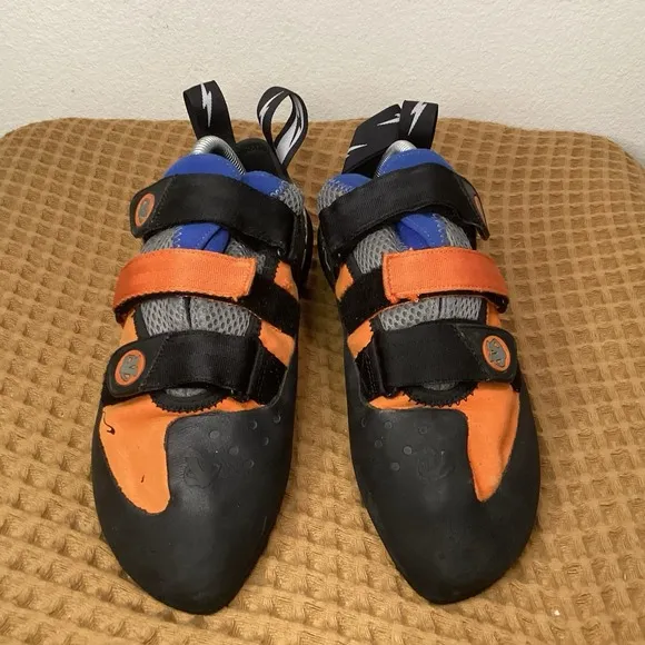 Evolv Shaman Men's Sz 10 Climbing Shoes Orange Blue Black 3 Straps Caving