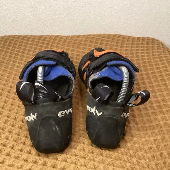 Evolv Shaman Men's Sz 10 Climbing Shoes Orange Blue Black 3 Straps Caving