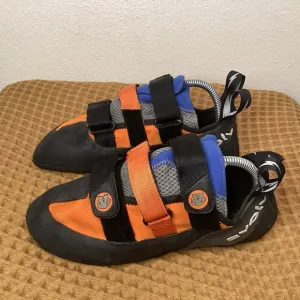 Evolv Shaman Men's Sz 10 Climbing Shoes Orange Blue Black 3 Straps Caving