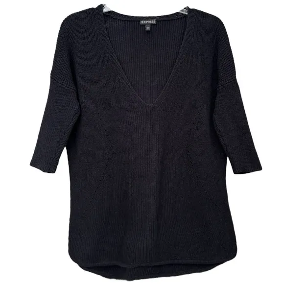 Express V-neck Sweater Black Neutral Ribbed Knit Quarter Sleeve Size Small