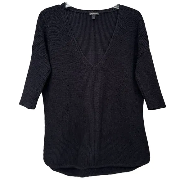 Express V-neck Sweater Black Neutral Ribbed Knit Quarter Sleeve Size Small