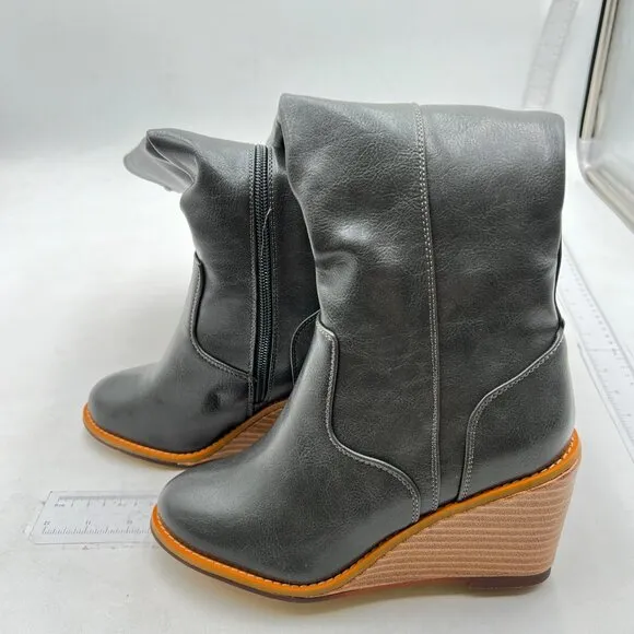FSJ Women Comfortable Side Zipper Wedge High Heel Point Toe Ladies  Boot Black