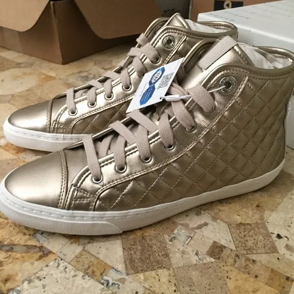 Geox Champagne Quilted High Top Sneakers Size 8