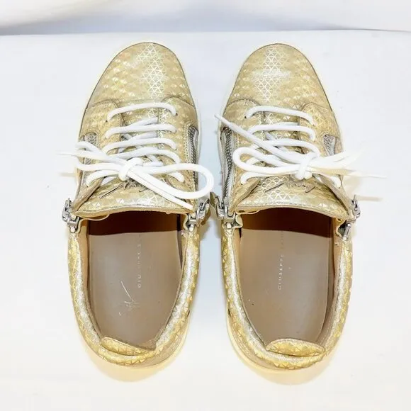 Giuseppe Zanotti GAIL Gold Diamond Pattern Leather Sneakers Women's Size 37.5