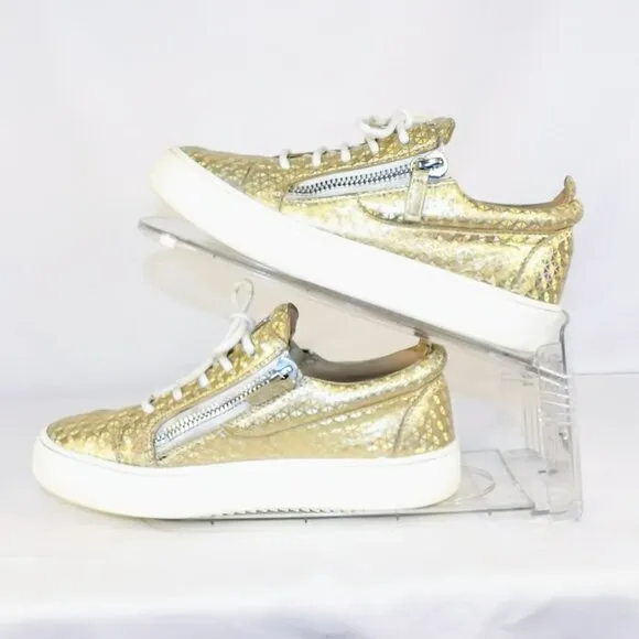Giuseppe Zanotti GAIL Gold Diamond Pattern Leather Sneakers Women's Size 37.5