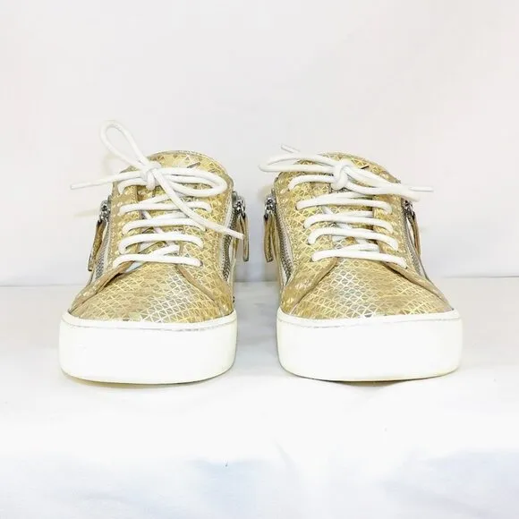 Giuseppe Zanotti GAIL Gold Diamond Pattern Leather Sneakers Women's Size 37.5