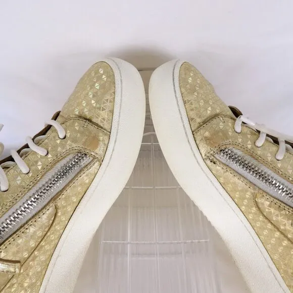 Giuseppe Zanotti GAIL Gold Diamond Pattern Leather Sneakers Women's Size 37.5
