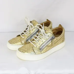 Giuseppe Zanotti GAIL Gold Diamond Pattern Leather Sneakers Women's Size 37.5