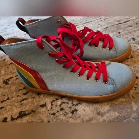 Gucci mens rainbow denim light wash high top sneakers