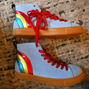 Gucci mens rainbow denim light wash high top sneakers