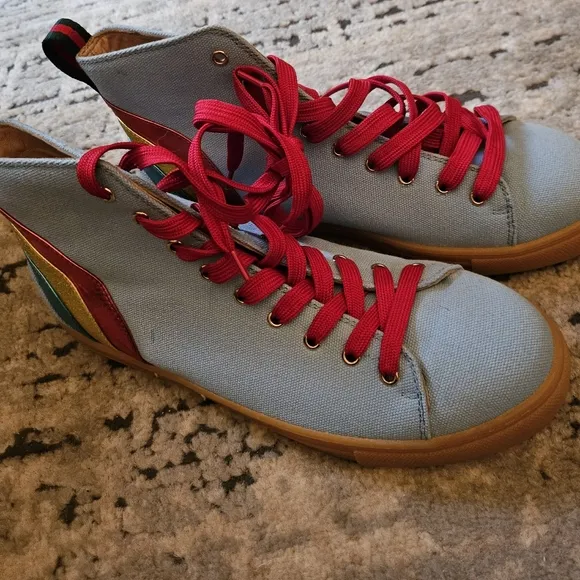 Gucci mens rainbow denim light wash high top sneakers