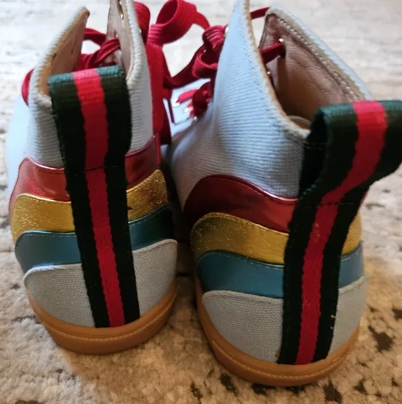 Gucci mens rainbow denim light wash high top sneakers