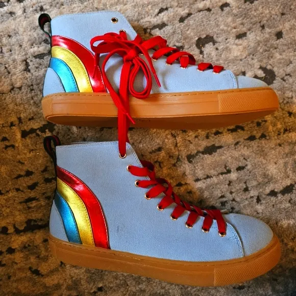 Gucci mens rainbow denim light wash high top sneakers