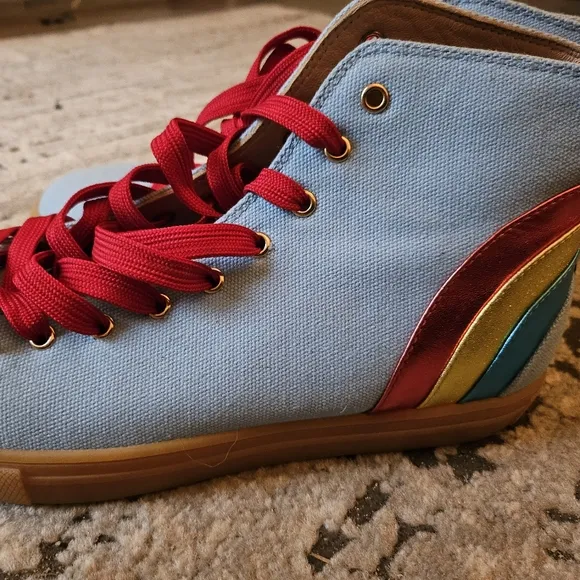 Gucci mens rainbow denim light wash high top sneakers