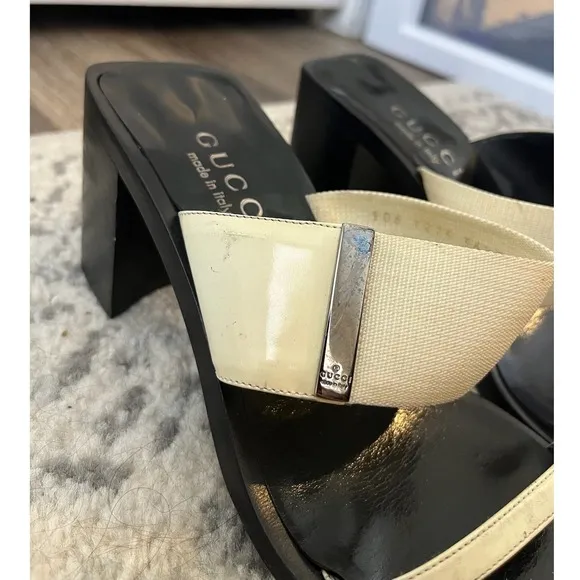 Gucci Mules Slides Block Heel Square Toe Ivory Leather Trim Size 36.5