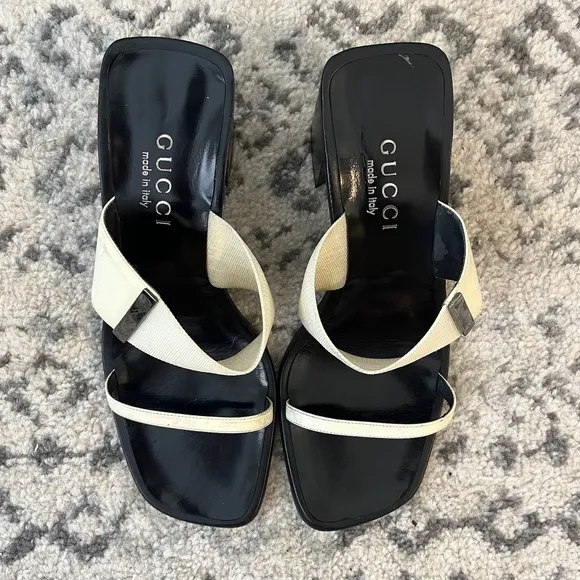 Gucci Mules Slides Block Heel Square Toe Ivory Leather Trim Size 36.5