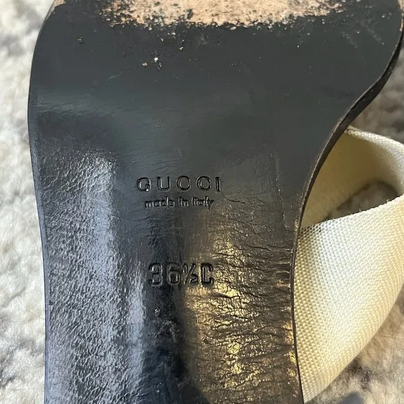 Gucci Mules Slides Block Heel Square Toe Ivory Leather Trim Size 36.5
