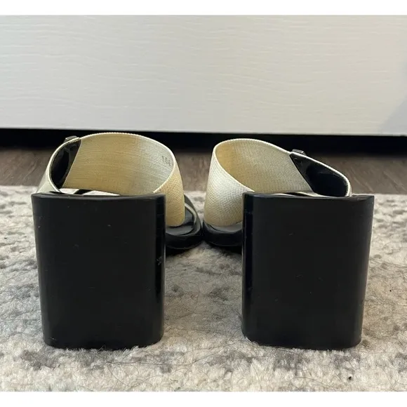 Gucci Mules Slides Block Heel Square Toe Ivory Leather Trim Size 36.5