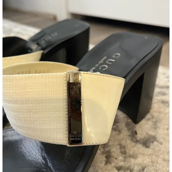 Gucci Mules Slides Block Heel Square Toe Ivory Leather Trim Size 36.5