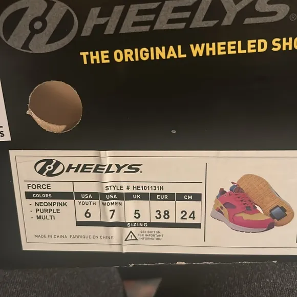 Heelys Force Skate Yth Sz 6, Wmn 7, Pink Blue, Yellow and Purple Sneaker Shoes